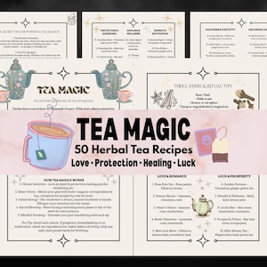 May include: A beige and pink illustrated guide titled "Tea Magic" with 50 herbal tea recipes. The guide includes sections on love, protection, healing, and luck, with illustrations of teapots, teacups, and herbs.