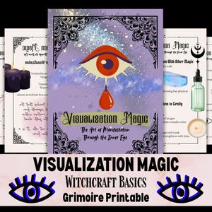 Puede incluir: Una colección de páginas imprimibles con un fondo púrpura, que presenta ilustraciones y texto relacionados con la brujería y la visualización. La imagen central muestra un ojo estilizado con una lágrima, con el texto "Visualization Magic".