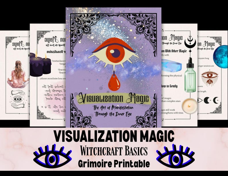 K&ouml;nnte beinhalten: Eine Sammlung von bedruckbaren Seiten mit lila Hintergrund, die Illustrationen und Texte zum Thema Hexerei und Visualisierung zeigen. Das zentrale Bild zeigt ein stilisiertes Auge mit einem Tr&auml;nentropfen, mit dem Text "Visualization Magic".