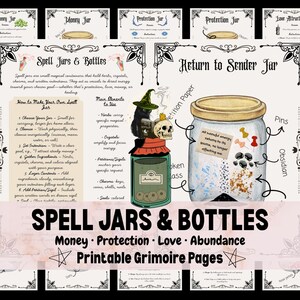 Puede incluir: Ilustración digital de frascos y botellas de hechizos, con texto que dice "Spell Jars & Bottles" y "Money, Protection, Love, Abundance, Printable Grimoire Pages." La imagen incluye instrucciones y ejemplos.