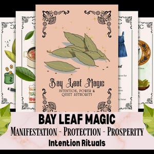May include: A collection of cards with illustrations and text. The central card features bay leaves with the text "Bay Leaf Magic: Intention, Power & Quiet Authority." Additional text reads "Manifestation - Protection - Prosperity - Intention Rituals."