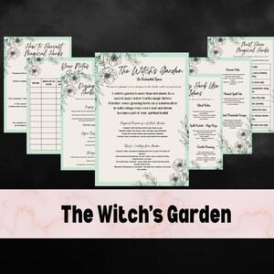 May include: A collection of printable pages with floral accents and text, including "How to Harvest Magical Herbs," "Your Notes Section," and "The Witch's Garden." The pages have a light green border and are arranged on a dark background.