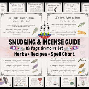May include: An 18-page grimoire set titled "Smudging & Incense Guide" with information on herbs, recipes, and a spell chart. The guide features illustrations of herbs, incense, and related items, with text detailing their properties and uses.