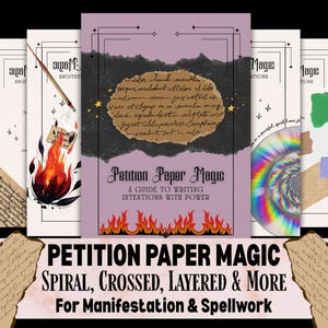Pode incluir: Uma coleção de impressões de arte digital com um tema místico. A peça central é uma capa de livro intitulada "Petition Paper Magic" com um fundo roxo e chamas na parte inferior. Outras impressões apresentam tinta, fogo e elementos de papel rasgado.