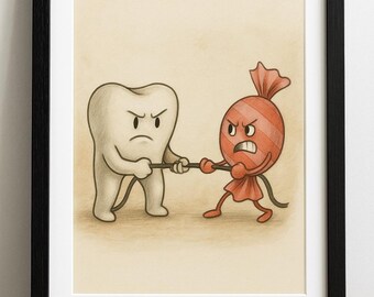 Molar vs Candy Wandkunst | 8x10 digitaler Download | Lustiges Zahnpflege Poster | Kinder Badezimmer & Zahnarzt Büro Dekor | Heathy Teeth Kunst