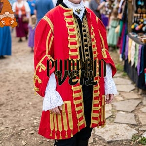 May include: A bright red long-sleeved coat featuring gold braided trim, vertical gold tassels, and a black vest underneath. The coat is worn over a white shirt with lace-trimmed cuffs. The text PUMPKIN VEIL is overlaid in black across the centre.