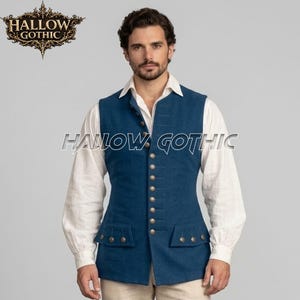 May include: A blue waistcoat featuring a high collar, a long row of metallic buttons down the front, and two flap pockets with button accents. The waistcoat is worn over a white long-sleeved shirt. The text HALLOW GOTHIC appears in the top left corner.