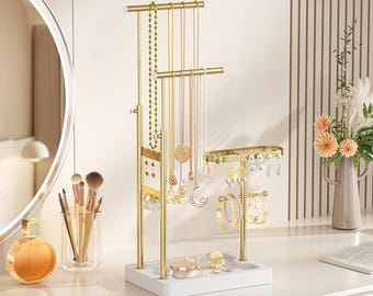 Wall Earring Holder Tree-Shaped Jewelry Organizer With Wood Tray - Retro Hanging Stand For Rings & Necklaces Necklace Tree