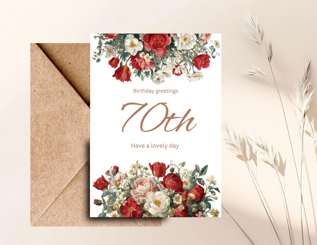 70th Red Lettering 70th Birthday Card: Red Floral Border, Gold Lettering (digital Download ...