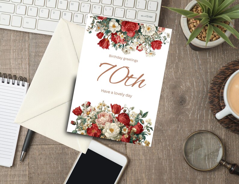 70th Red Lettering 70th Birthday Card: Red Floral Border, Gold Lettering (digital Download ...