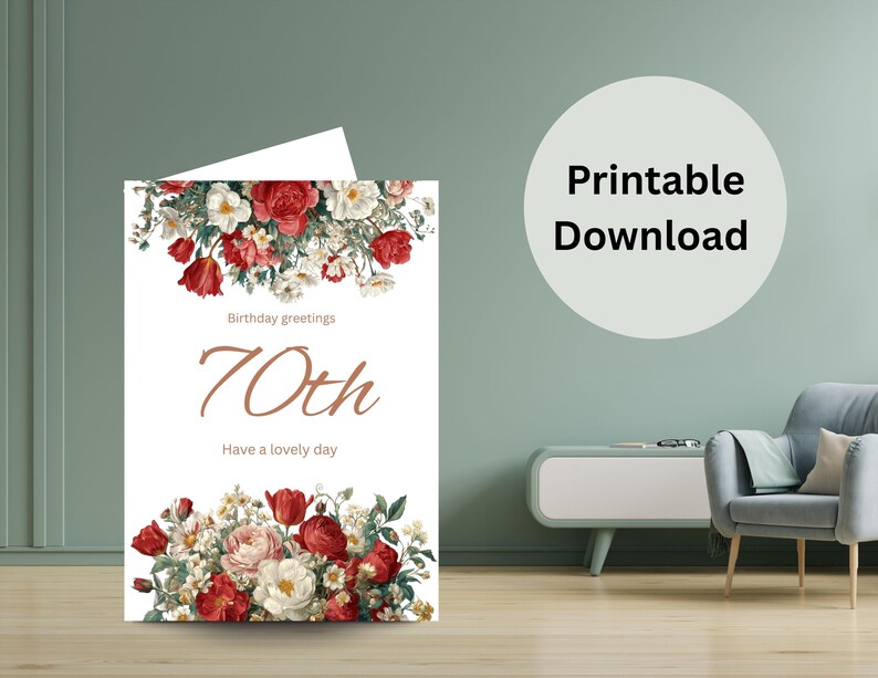 70th Red Lettering 70th Birthday Card: Red Floral Border, Gold Lettering (digital Download ...