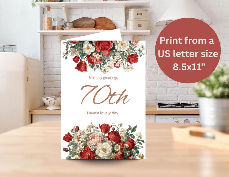 70th Red Lettering 70th Birthday Card: Red Floral Border, Gold Lettering (digital Download ...