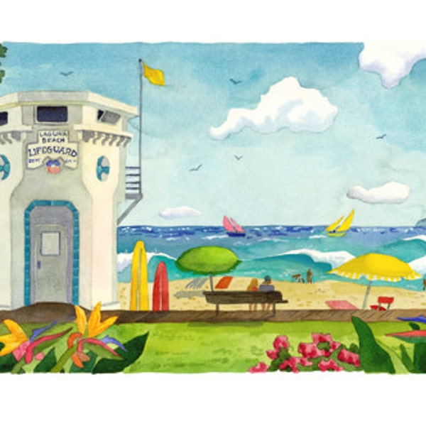 Laguna Beach, Lifeguard Stand, on Main Beach Boardwalk with Ocean Seascape, Surfboards and Umbrellas by Robin Wethe Altman