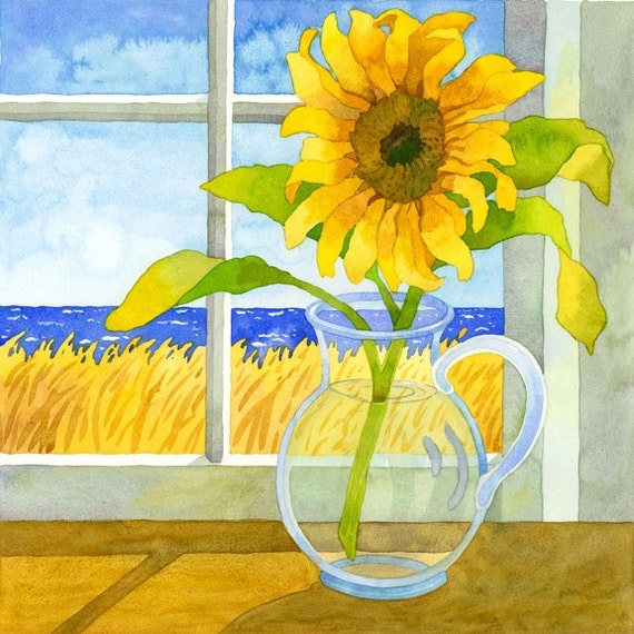 Sunflower art, Beach Cottage artwork, colorful wall decor, yellow and blue painting, Robin Altman artist