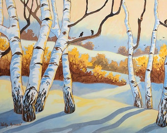 birch trees, birch trees in the snow, winter birch trees, birds in birch trees, birch tree painting, Robin Altman, cabin art, print, artwork