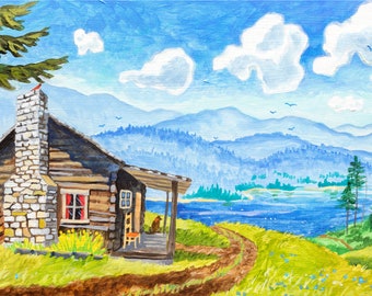 Carolina Blue Sky, Mountain Cabin Art, Rustic Cabin Art, Cabin Painting, Mountain Cabin, Rustic Mountain Cabin, Robin Altman Art, Cabins