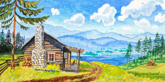 Carolina Blue Sky, Mountain Cabin Art, Rustic Cabin Art, Cabin Painting, Mountain Cabin, Rustic Mountain Cabin, Robin Altman Art, Cabins