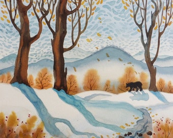 Bear in the mountains, Black Bear, Bear in the woods, Bear in Winter, Cabin art, Cabin art with Bears, Winter landscape, Robin Altman