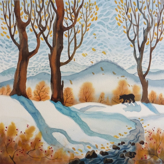 Bear in the mountains, Black Bear, Bear in the woods, Bear in Winter, Cabin art, Cabin art with Bears, Winter landscape, Robin Altman