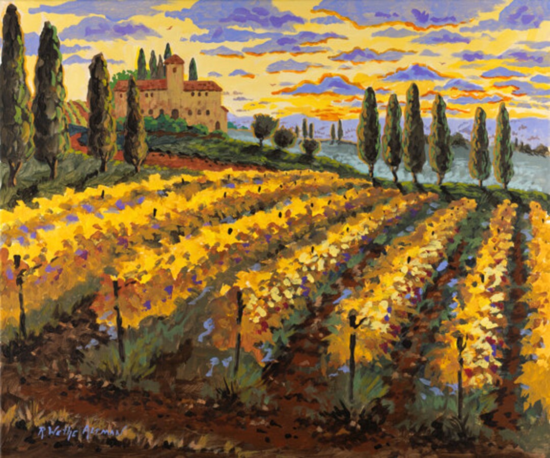 Italian Vineyard Painting, Print of Tuscany Italy, Cypress Trees
