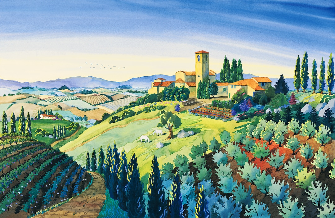 Tuscan Hilltop Town, Painting of Artimino, Italian Countryside