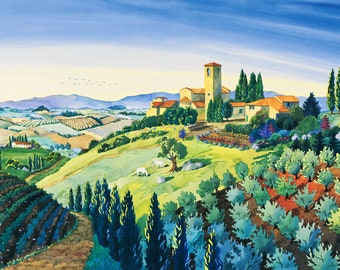 Tuscan Hilltop Town, Painting of Artimino, Italian Countryside, Watercolor of Italy, Landscape Painting, Painting of Italy, Italian Art