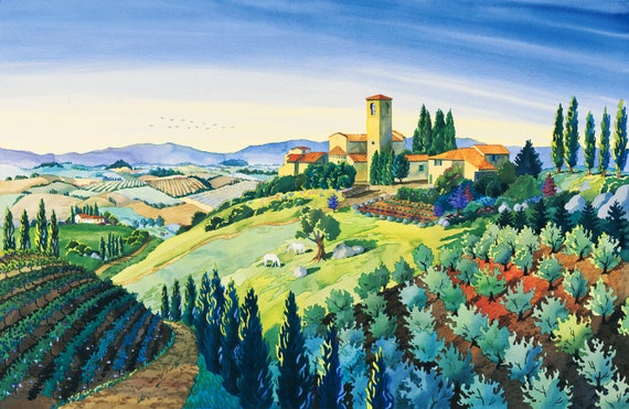 Tuscan Hilltop Town, Painting of Artimino, Italian Countryside, Watercolor of Italy, Landscape Painting, Painting of Italy, Italian Art