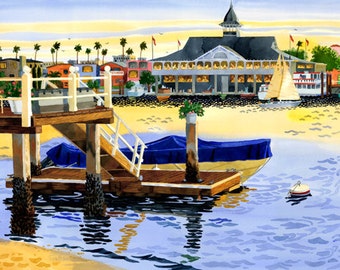 Puerto de Newport, pabellón de Newport, Newport Beach, veleros, puesta de sol en Newport Beach, impresión, pintura del puerto de Newport, isla Balboa