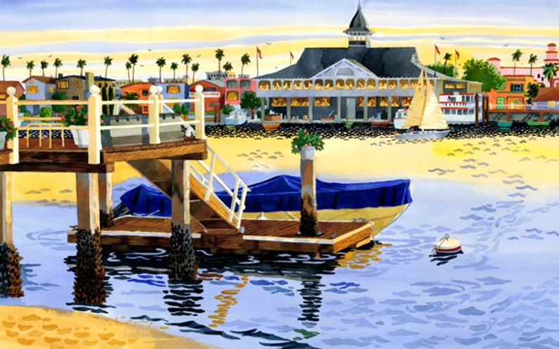 May include: A wooden dock with a white railing and steps leading down to a blue boat covered in a blue tarp. The dock is over a body of water with a sandy beach in the background. There are buildings and palm trees in the distance.