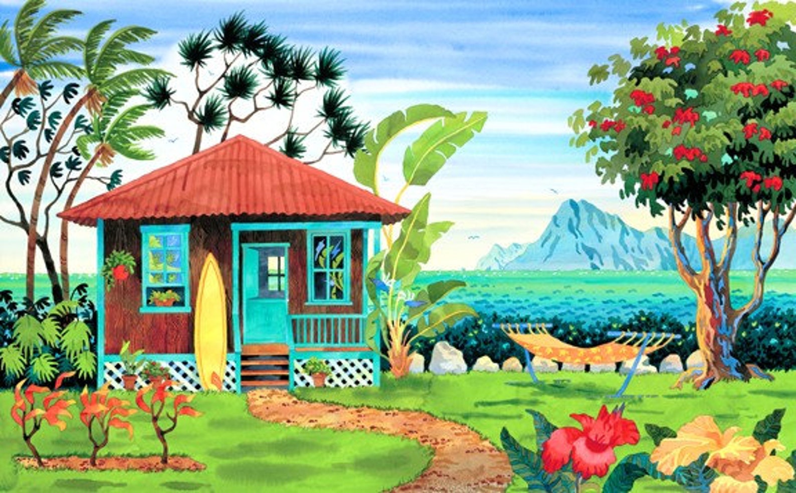 Tropical Wall Decor, Beach House Painting, Hawaiian Island Painting