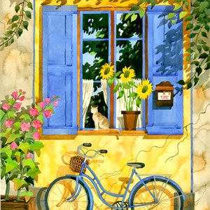 Provence France, French, Bike, Cat, French Cottage, Window, painting, Bicycle with Basket, print, Bicycle, Provence, Cottage