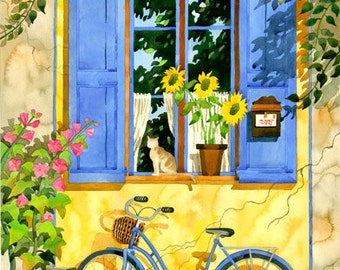 Provence France, French, Bike, Cat, French Cottage, Window, painting, Bicycle with Basket, print, Bicycle, Provence, Cottage