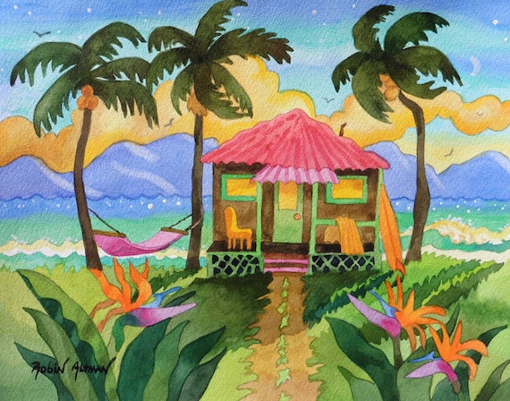 Tropical Island Hut with Hammock and Surfboard by ocean with Palm Trees Beach and Birds of Paradise Flowers