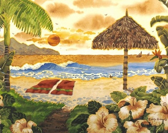 Arte hawaiano, Islas Hawaianas, Palapa en la playa, palmeras, pintura al atardecer, toallas en la playa, pintura tropical, obras de arte tropicales,