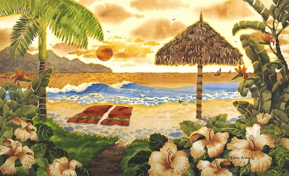 Hawaiian art, Hawaiian Islands, Palapa on Beach, palm trees, sunset painting, towels on the beach, tropical painting, tropical artwork,