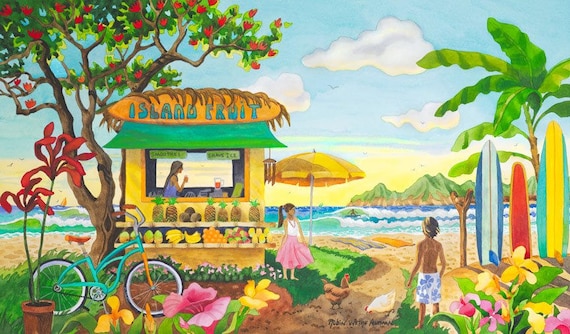 fruit stand, tropical fruit stand, surfboards, tropical beach art, palm Trees, beach cruiser bike painting, Hawaii, Bali, tropical