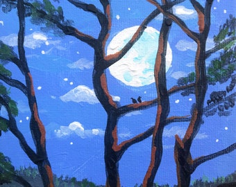 Moon through the trees, Moon and trees, painting of Moon and trees, romantic moon painting, artwork of the moon, sillouette of trees
