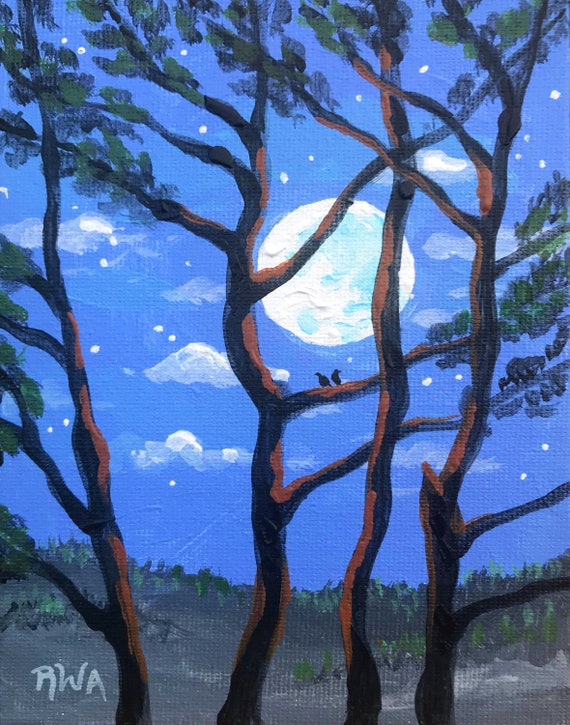 Moon through the trees, Moon and trees, painting of Moon and trees, romantic moon painting, artwork of the moon, sillouette of trees