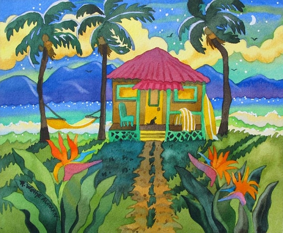 Tropical Hut art, Hawaiian art, colorful tropical art, palm tree painting, painting of Hawaii, Tropical Ocean Scene, hammock painting