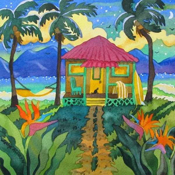 Tropical Hut art, Hawaiian art, colorful tropical art, palm tree painting, painting of Hawaii, Tropical Ocean Scene, hammock painting