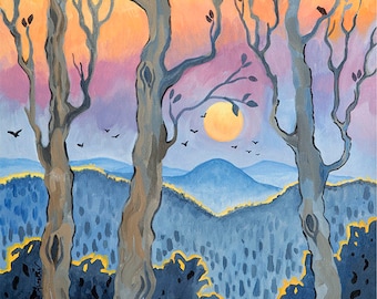 Blue Ridge, Appalachian Mountains, Sunset over the Mountains, winter trees, painting of the Blue Ridge Mountains, oil painting, artwork