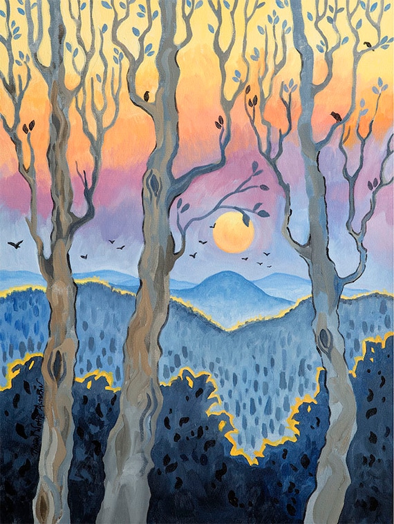 Blue Ridge, Appalachian Mountains, Sunset over the Mountains, winter trees, painting of the Blue Ridge Mountains, oil painting, artwork