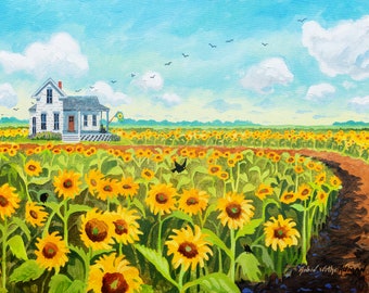 Field of Sunflowers, Sunflowers in a Field, House in a sunflower field, big sunflower field, sunflowers and blackbirds, Robin Altman