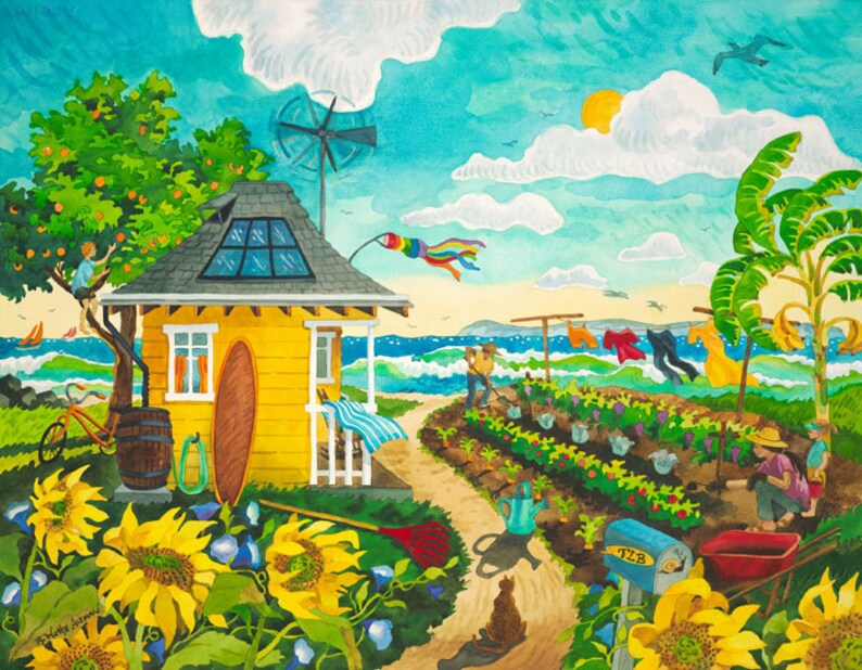 May include: A watercolor painting of a yellow beach house with a surfboard leaning against the side. The house has a solar panel on the roof and a windmill in the yard. There is a garden in front of the house with a variety of plants and flowers. A cat is sitting on the path leading to the house. The painting has a whimsical and charming style.