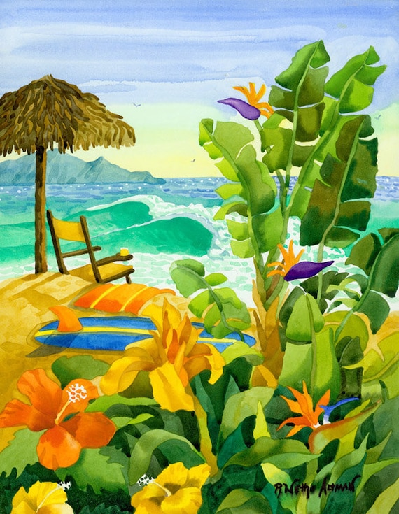 Tropical wall decor, Surfboard, Beach Chair with Ocean, Palapa on the Beach, Robin Altman artist, Hawaiian beach scene