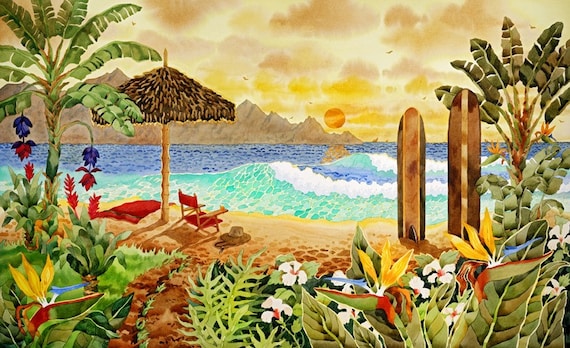 Surfboards on the Beach, Hawaiian Islands, Beach Chair on the beach, Palapa and chair on the Beach, Tropical Flowers, burnt orange