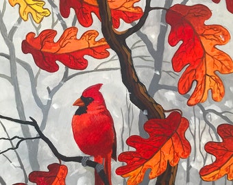 Red Cardinal in Tree, Red Cardinal Fall Leaves, Red Bird, Fall Leaves, Red Fall Leaves, Painting of Fall Colors, Print of Fall tree, Fall