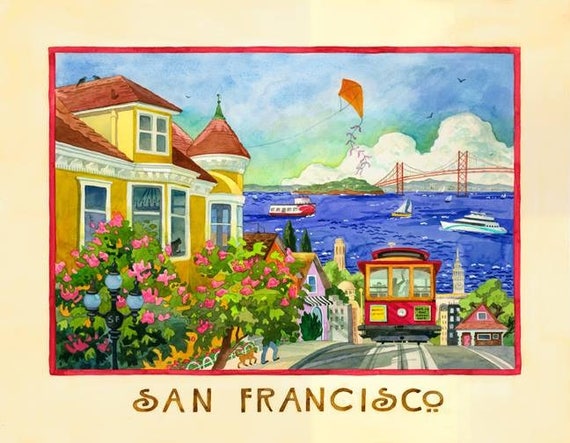 San Francisco Poster, San Francisco art, San Francisco, Golden Gate Bridge, San Francisco Bay, Red Cable Car, Cable Cars, SF Victorian House