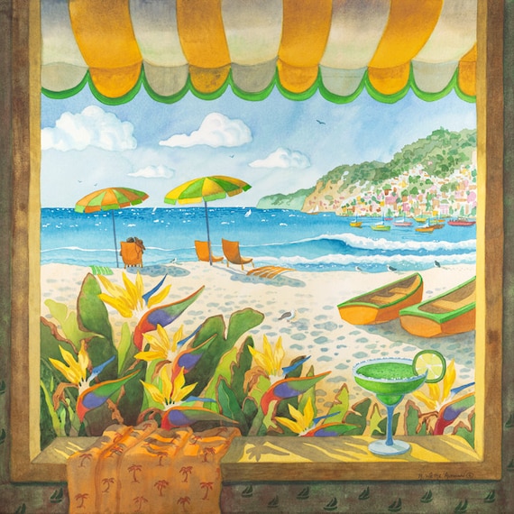 The Isle of Capri, beach at Capri, ocean with boats, bird of paradise, umbrellas and beach chair, Looking Out a Window