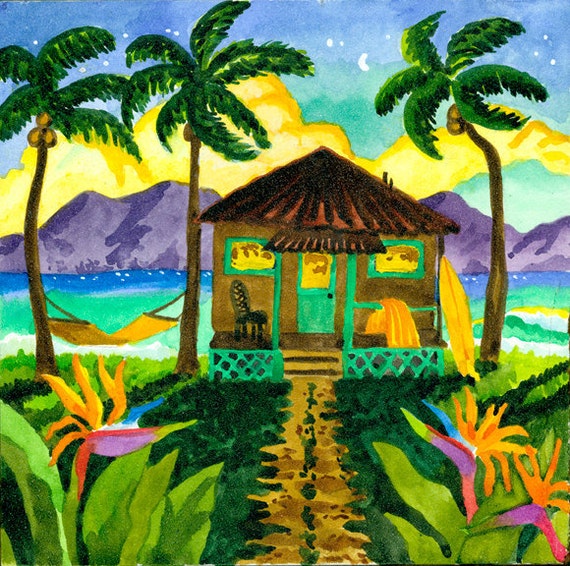 Tropical Beach Hut with Palm Trees on the Beach, Hammock, Tropical Flowers and Surfboard